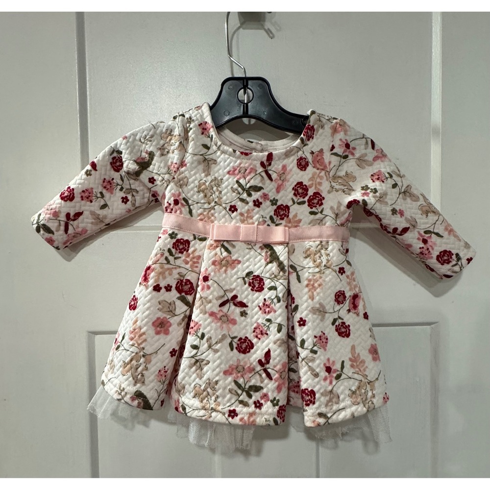 Youngland squiggles Baby Girls Newborn 3M  Floral Dress Pink Bow Tulle Trim